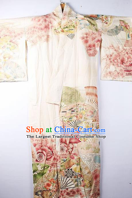 Asian Japanese Ceremony Clothing Classical Pattern Beige Kimono Traditional Japan National Yukata Costume for Men