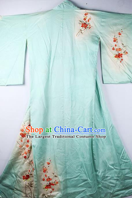 Asian Japanese National Printing Plum Blue Furisode Kimono Ceremony Costume Traditional Japan Yukata Dress for Women