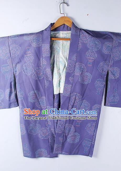 Asian Japanese Clothing Classical Pattern Purple Haori Coat Kimono Traditional Japan National Costume for Men