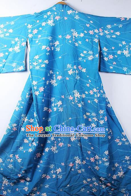 Asian Japanese Classical Leaf Pattern Blue Furisode Kimono Ceremony Costume Traditional Japan Yukata Dress for Women