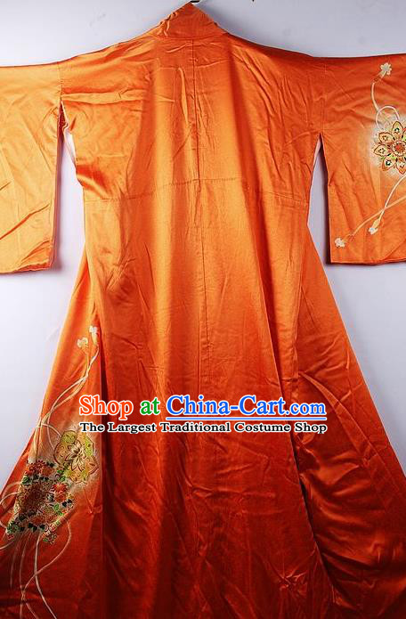 Asian Japanese National Iromuji Orange Furisode Kimono Ceremony Costume Traditional Japan Yukata Dress for Women