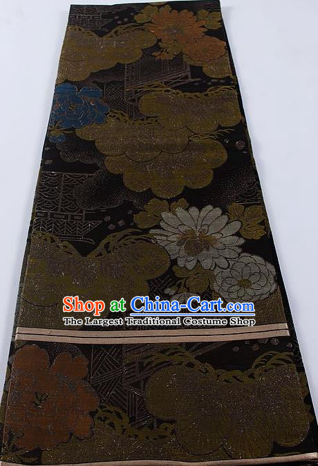 Japanese Classical Chrysanthemum Pattern Black Brocade Waistband Kimono Accessories Asian Traditional Yukata Belt for Women