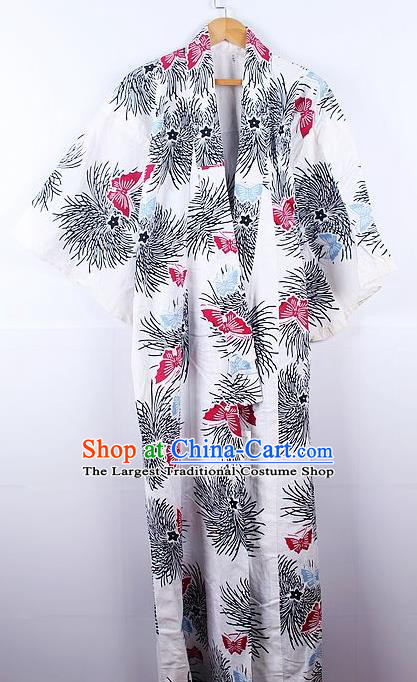 Asian Japanese Ceremony Printing Butterfly Chrysanthemum White Kimono Dress Traditional Japan Yukata Costume for Women