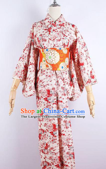 Asian Japanese Ceremony Printing Red Maple Leaf Kimono Dress Traditional Japan Yukata Costume for Women