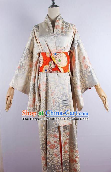 Asian Japanese Ceremony Printing Sakura Light Grey Kimono Dress Traditional Japan Yukata Costume for Women