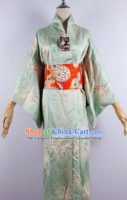 Japanese Ceremony Costume Printing Green Silk Kimono Dress Traditional Asian Japan Yukata for Women