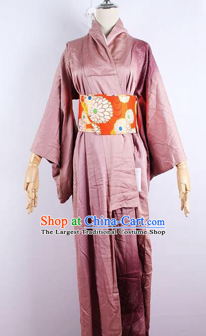 Asian Japanese Ceremony Printing Orchid Lilac Kimono Dress Traditional Japan Yukata Costume for Women