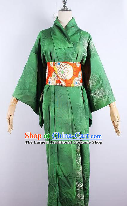 Asian Japanese Ceremony Printing Pine Green Kimono Dress Traditional Japan Yukata Costume for Women
