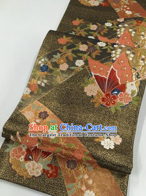 Japanese Classical Butterfly Pattern Bronze Nishijin Waistband Traditional Kimono Brocade Accessories Asian Japan Yukata Belt for Women