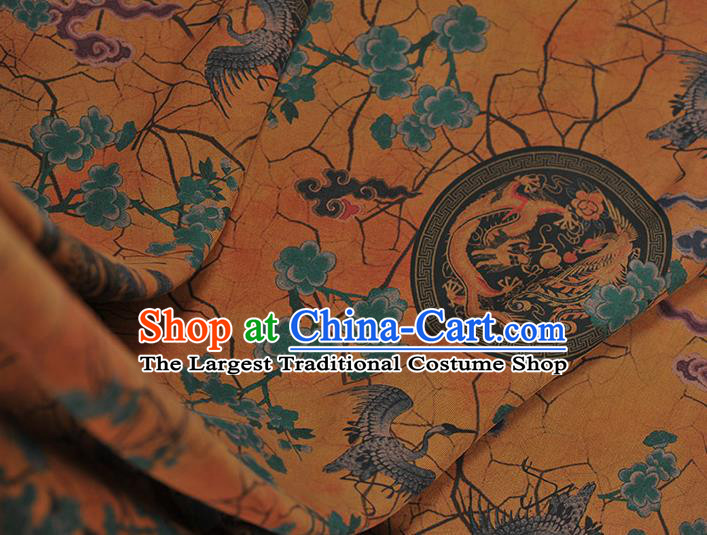Chinese Traditional Crane Dragon Phoenix Pattern Design Yellow Gambiered Guangdong Gauze Asian Brocade Silk Fabric