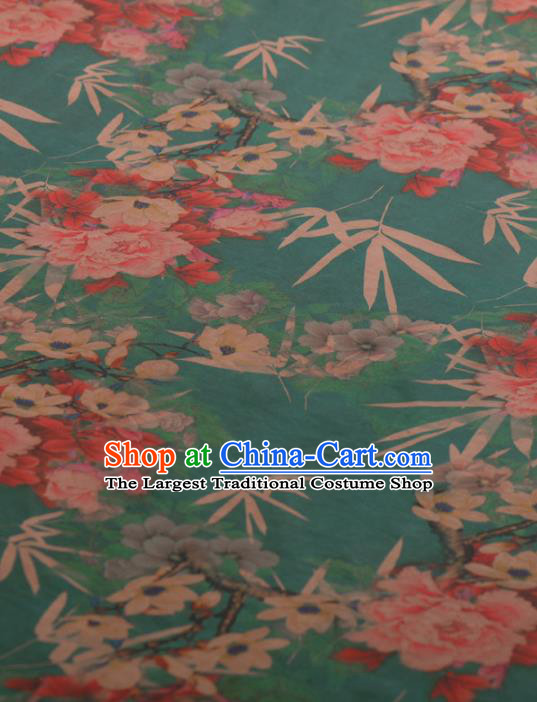 Chinese Classical Bamboo Peony Pattern Design Green Gambiered Guangdong Gauze Traditional Asian Brocade Silk Fabric