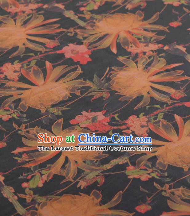 Chinese Classical Ottelia Acuminata Pattern Design Black Gambiered Guangdong Gauze Traditional Asian Brocade Silk Fabric