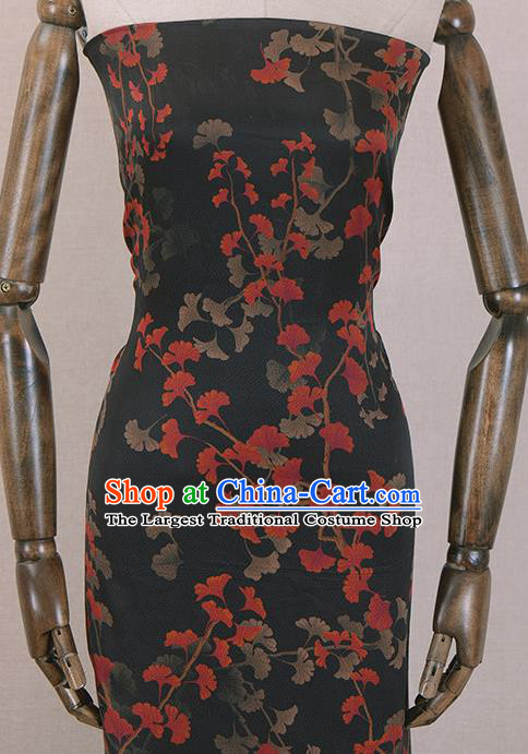 Asian Chinese Classical Ginkgo Leaf Pattern Design Black Gambiered Guangdong Gauze Traditional Cheongsam Brocade Silk Fabric