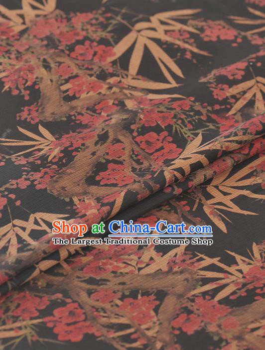 Asian Chinese Classical Plum Bamboo Leaf Pattern Black Gambiered Guangdong Gauze Traditional Cheongsam Brocade Silk Fabric