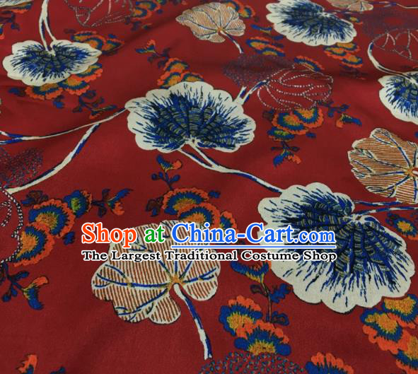 Asian Chinese Classical Lotus Leaf Pattern Red Brocade Satin Drapery Traditional Cheongsam Brocade Silk Fabric