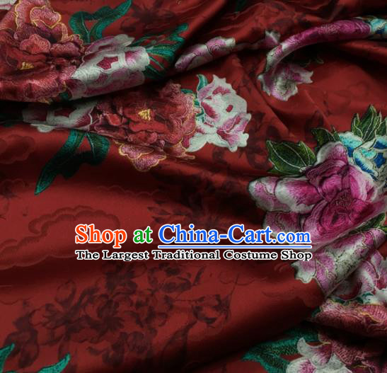 Asian Chinese Classical Peony Flowers Pattern Purplish Red Brocade Satin Drapery Traditional Cheongsam Brocade Silk Fabric
