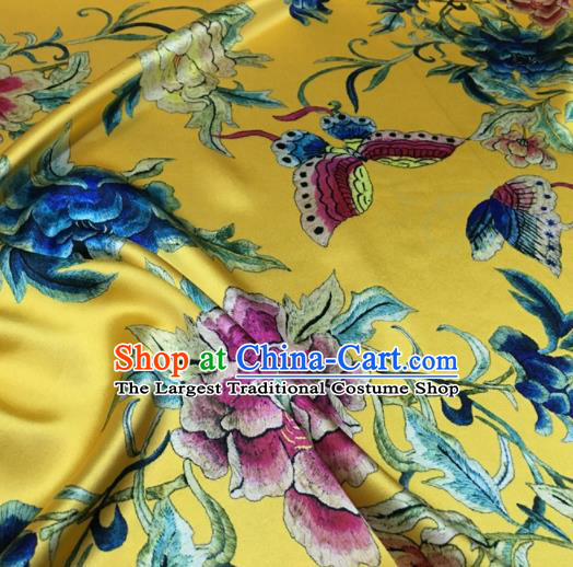 Asian Chinese Classical Peony Flowers Pattern Yellow Brocade Satin Drapery Traditional Cheongsam Brocade Silk Fabric