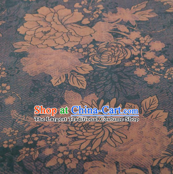 Asian Chinese Classical Chrysanthemum Peony Pattern Navy Brocade Satin Drapery Traditional Cheongsam Brocade Silk Fabric