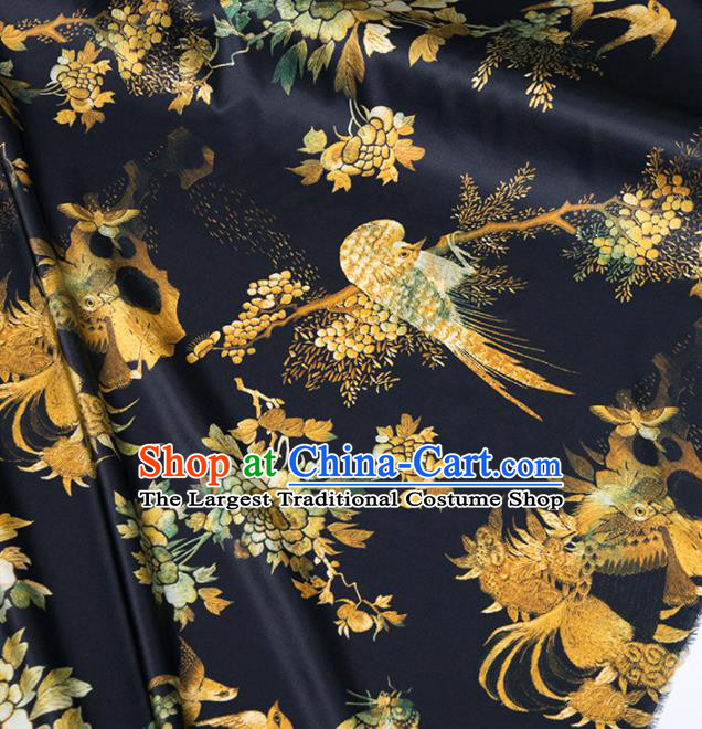 Asian Chinese Classical Peacock Peony Pattern Black Brocade Satin Drapery Traditional Cheongsam Brocade Silk Fabric
