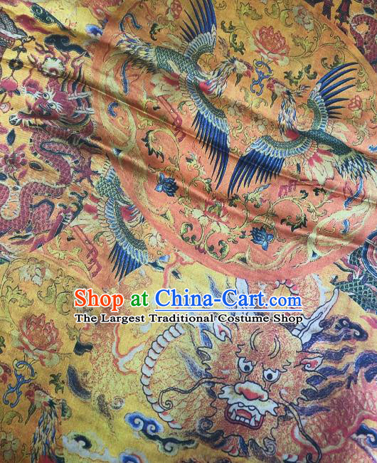 Asian Chinese Classical Phoenix Peony Pattern Yellow Satin Drapery Gambiered Guangdong Gauze Brocade Traditional Cheongsam Brocade Silk Fabric