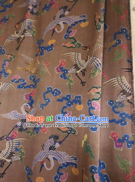 Asian Chinese Classical Cloud Cranes Pattern Brown Satin Drapery Gambiered Guangdong Gauze Brocade Traditional Cheongsam Brocade Silk Fabric