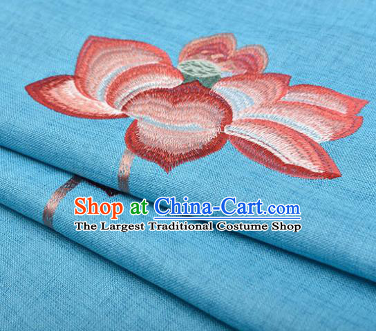 Asian Chinese Cheongsam Classical Embroidered Lotus Pattern Blue Satin Drapery Brocade Traditional Brocade Silk Fabric