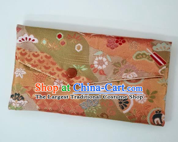 Japanese Traditional Classical Pattern Orange Brocade Handbag Asian Japan Nishijin Satin Bags Wallet