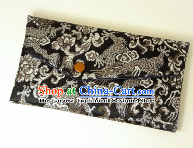 Japanese Traditional Classical Dragon Peony Pattern Black Brocade Handbag Asian Japan Nishijin Satin Bags Wallet