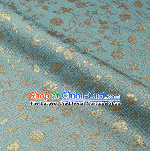 Japanese Traditional Kimono Classical Scroll Pattern Blue Brocade Damask Asian Japan Satin Drapery Silk Fabric