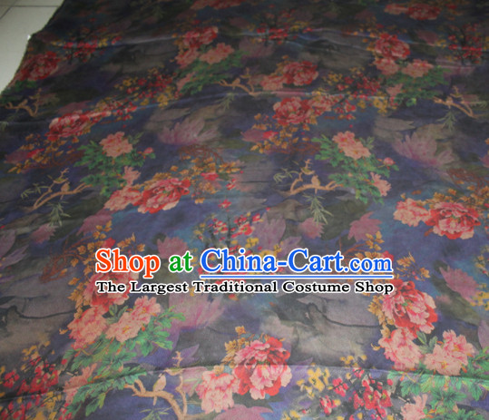 Chinese Traditional Cheongsam Classical Peony Plum Pattern Blue Gambiered Guangdong Gauze Asian Satin Drapery Brocade Silk Fabric