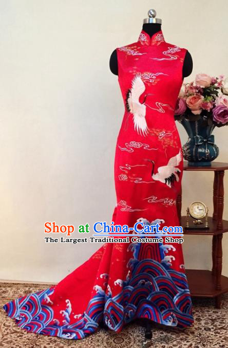 Chinese Traditional Customized Embroidered Crane Red Cheongsam National Costume Classical Qipao Dress for Women