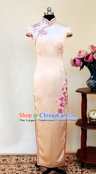 Chinese Traditional Customized Embroidered Champagne Cheongsam National Costume Classical Qipao Dress for Women