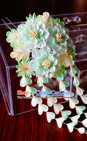 Asian Japan Geisha Green Flowers Tassel Hairpins Japanese Traditional Hair Accessories for Women
