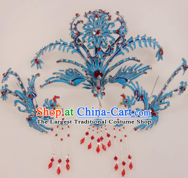 Traditional Chinese Beijing Opera Diva Hair Accessories Blue Phoenix Hairpins Ancient Court Princess Headwear for Women