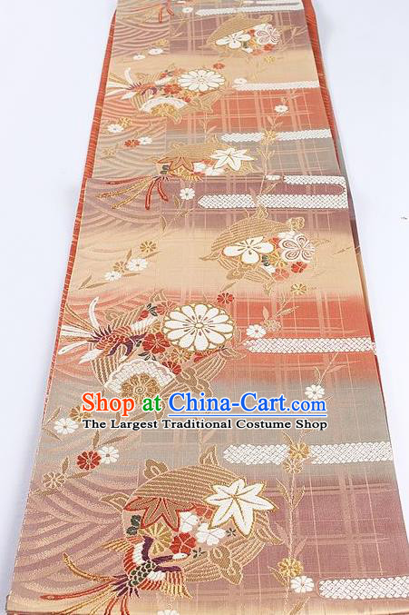 Traditional Japanese Classical Crane Daisy Pattern Pink Cannetille Waistband Kimono Brocade Accessories Yukata Belt for Women