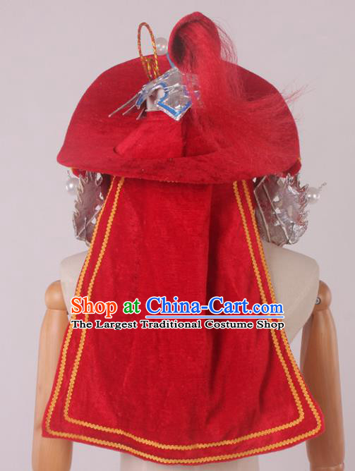 Traditional Chinese Shaoxing Opera Takefu Red Hat Ancient Soldier Helmet Headwear for Men