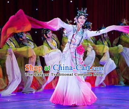 Traditional Chinese Classical Dance Flowers Contend in Beauty Costume Peking Opera White Water Sleeve Dress for Women
