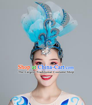 Traditional Chinese Folk Dance Blue Silk Flower Hair Clasp Fan Dance Yanko Dance Headwear for Women