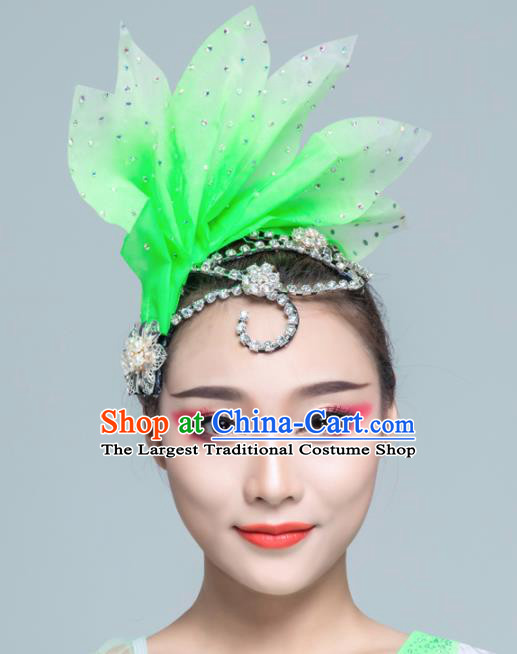 Traditional Chinese Folk Dance Green Silk Leaf Hair Clasp Fan Dance Yanko Dance Headwear for Women