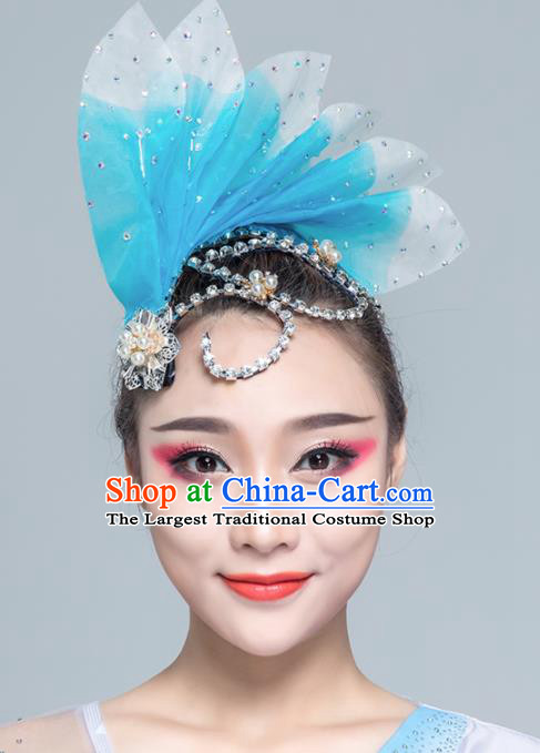 Traditional Chinese Folk Dance Blue Leaf Hair Clasp Fan Dance Yanko Dance Headwear for Women