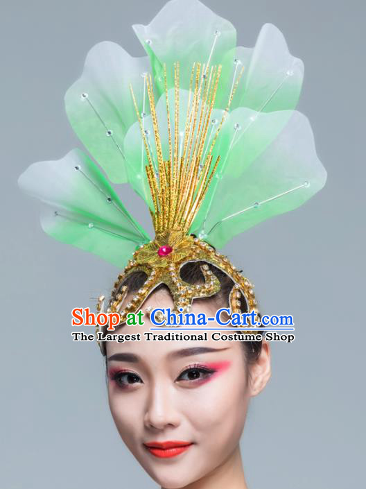 Traditional Chinese Folk Dance Green Silk Hair Clasp Fan Dance Yanko Dance Headwear for Women