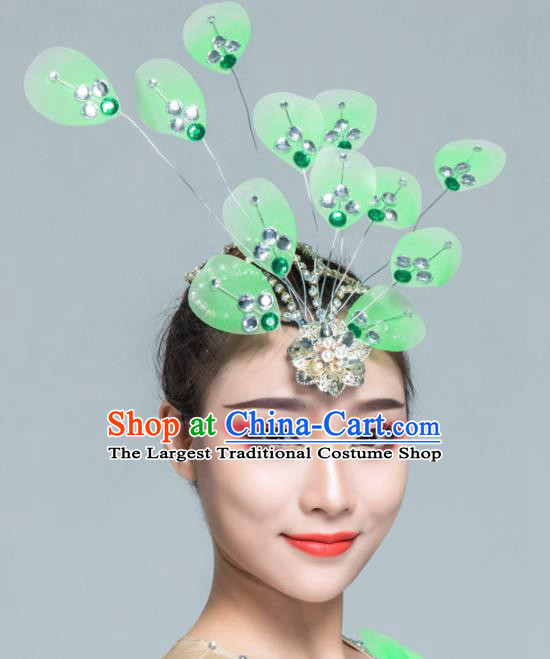 Traditional Chinese Yanko Dance Green Silk Hair Claw Folk Dance Fan Dance Headwear for Women