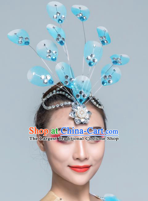 Traditional Chinese Yangko Dance Blue Silk Hair Claw Folk Dance Fan Dance Headwear for Women