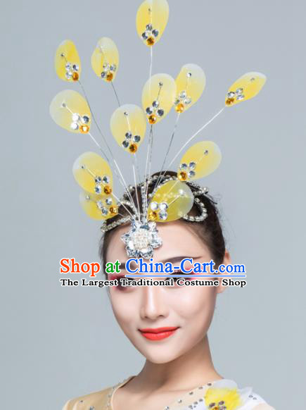 Traditional Chinese Yangko Dance Yellow Silk Hair Claw Folk Dance Fan Dance Headwear for Women