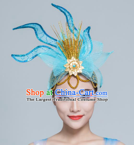 Traditional Chinese Yangko Dance Blue Lotus Hair Claw Folk Dance Fan Dance Headwear for Women