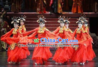 Chinese Beautiful Dance Xi Shi Water Sleeve Red Costume Traditional Umbrella Dance Classical Dance Competition Dress for Women