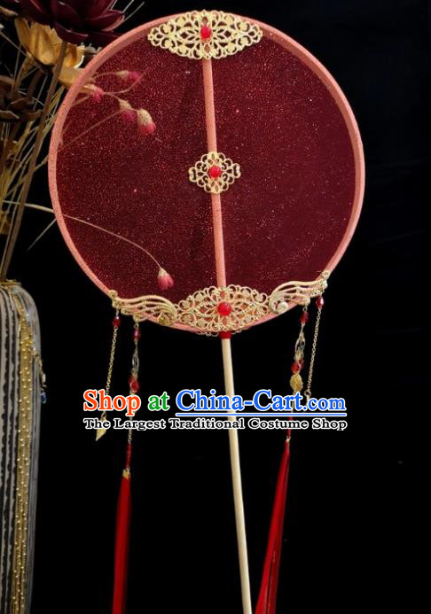 Chinese Ancient Princess Wedding Red Silk Palace Fans Traditional Hanfu Round Fan for Women