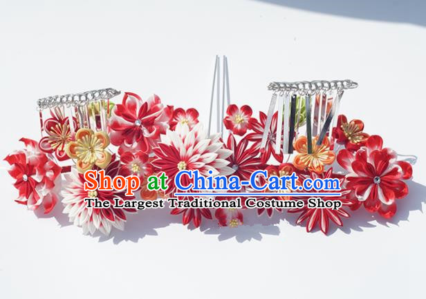 Japanese Geisha Kimono Hair Accessories Traditional Red Chrysanthemum Hairpins for Women