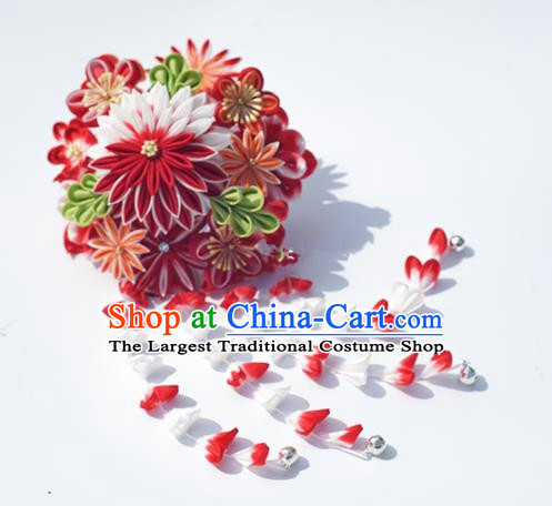 Japanese Geisha Kimono Red Chrysanthemum Tassel Hair Claw Hairpins Traditional Hair Accessories for Women