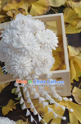 Japanese Geisha Kimono White Chrysanthemum Tassel Hairpins Traditional Yamato Hair Accessories for Women